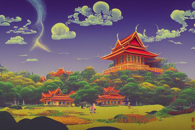 Image similar to summer morning, thai temple, rolling mountain, very coherent and colorful high contrast, art by gediminas pranckevicius, geof darrow, franz sedlacek, dark shadows, hard lighting, ukiyo - e, floralpuk risograph print