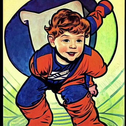 Image similar to a cute little boy with a mischievous face and short ginger hair. he is dressed as an astronaut. well composed, clean elegant painting, beautiful detailed face. painting by steve ditko and jack kirby and ( alphonse mucha )