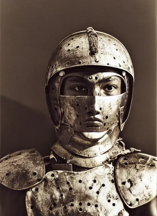 Prompt: close - up portrait athenian warrior with helmet and armor, photograph by nobuyoshi araki