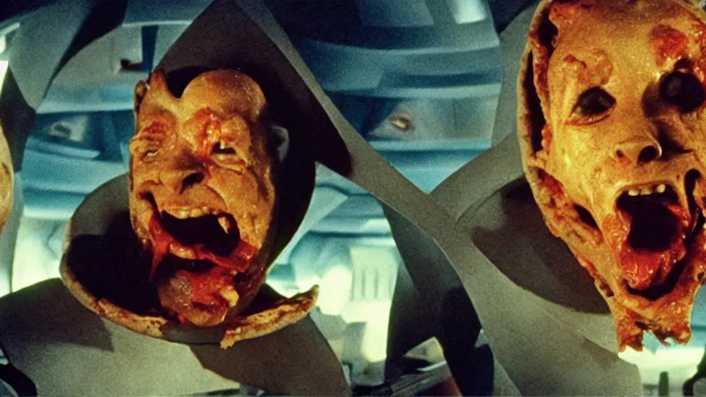 Image similar to giant monsters made of pizza and sharp teeth eating people, star trek, film still from a movie directed by Denis Villeneuve with art direction by Salvador Dalí, wide lens