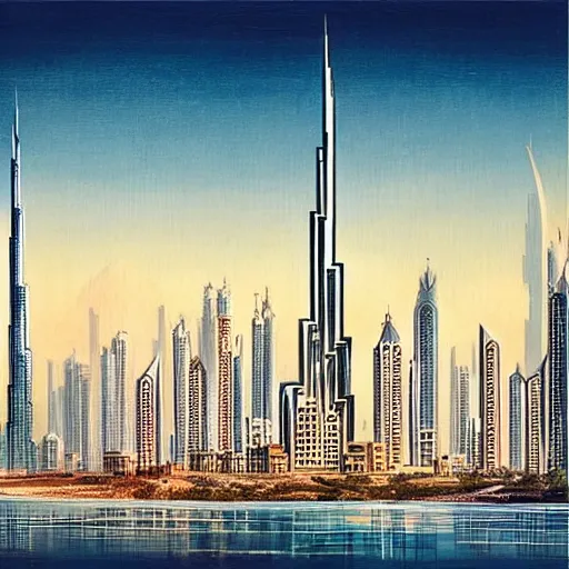 Image similar to a picture of dubai city skyline in a white frame, an art deco painting by enguerrand quarton, featured on behance, art deco, cityscape, matte drawing, poster art h 7 6 8