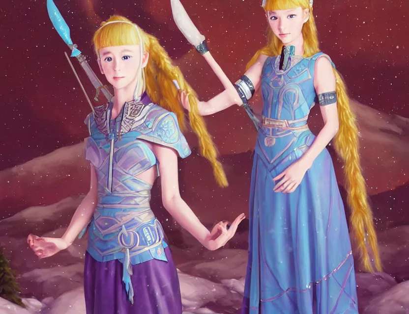 Prompt: viking scifi princess of the snowy mountains, wearing a lovely dress with vaporwave details. this oil painting by the award - winning mangaka has an interesting color scheme and impeccable lighting.