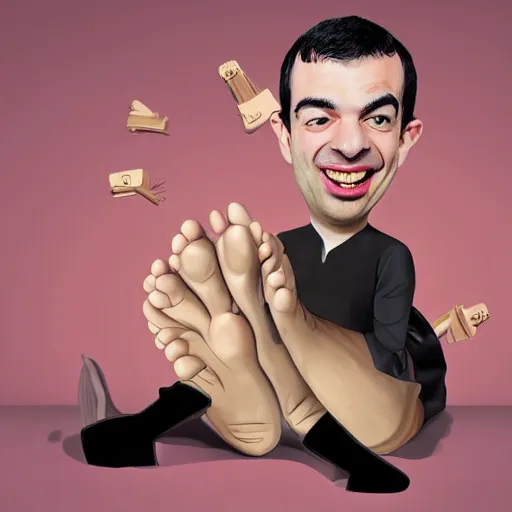 Image similar to detailed cartoon portrait of nathan fielder tickling his feet