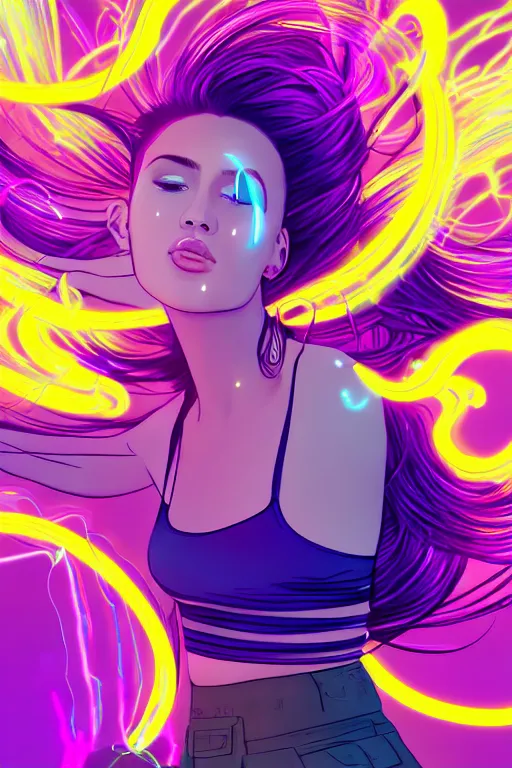 Image similar to a award winning half body portrait of a beautiful woman in a croptop and cargo pants with ombre purple pink teal hairstyle with head in motion and hair flying, surrounded by whirling illuminated lines, outrun, vaporware, shaded flat illustration, digital art, trending on artstation, highly detailed, fine detail, intricate