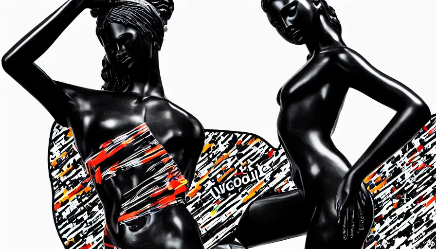 Prompt: billboard advertisement of extremely beautiful female black marble statue in the style of virgil abloh, colorful motocross logos behind her, sharp focus, clear, detailed,, cinematic, detailed, off white, glamourous, symmetrical, vogue, editorial, fashion, magazine shoot, glossy