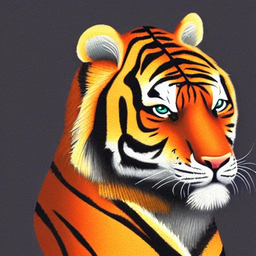 Image similar to “portrait of tiger in the style of metamask holding a laser gun, with a dark background behind him”