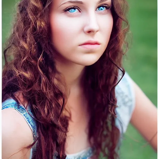 Prompt: professional outdoor portrait of a very beautiful young woman with gorgeous eyes, high cheek bones, flowing hair, watercolor