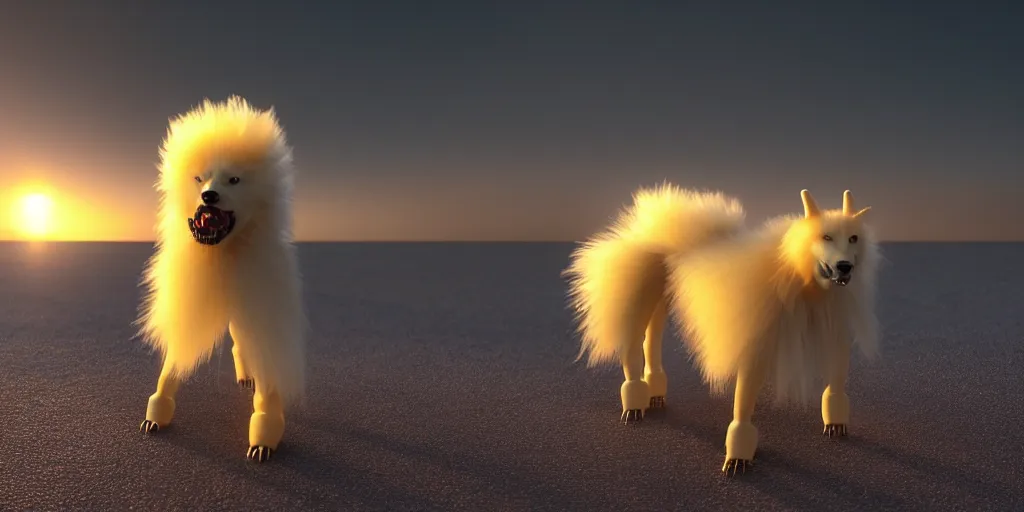 Image similar to a scary, evil, malevolent robotic canine appearance like a japanese spitz, robotic parts fused with the body and head, on a beach at sunset, this 4 k hd image is trending on artstation, featured on behance, well - rendered, extra crisp, features intricate detail and the style of unreal engine. golden hour