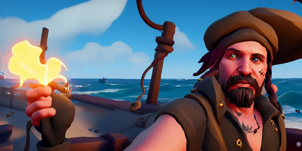 Prompt: selfie of a sea of thieves character, sea of thieves screenshot, storm, unreal engine, digital art