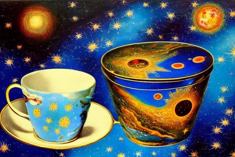 Image similar to painting of Starry cosmos trapped in vintage enameled cup of tea By Salvador Dali