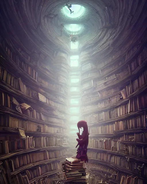 Image similar to highly detailed surreal vfx portrait of a boss monster in a catacomb of books, stephen bliss, unreal engine, greg rutkowski, loish, rhads, beeple, makoto shinkai and lois van baarle, ilya kuvshinov, rossdraws, tom bagshaw, alphonse mucha, global illumination, detailed and intricate environment