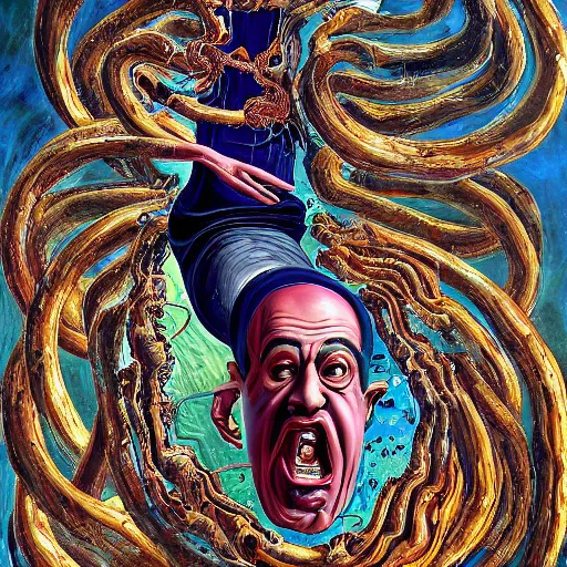 Prompt: benjamin netanyahu swirling into madness, abstract painting, by michael cheval and salvador dali and wayne barlowe