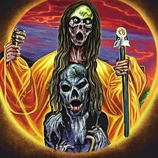 Image similar to the lord's supper, jesus accompanied by undead in iron maiden album cover style