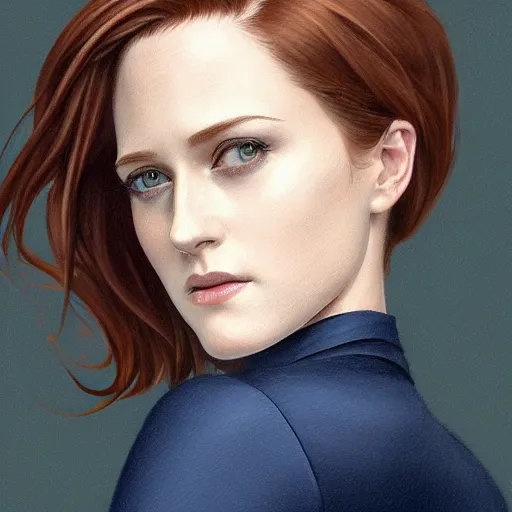 Image similar to full figure ultra realistic illustration, evan rachel wood wearing a navy blue pantsuit, auburn hair, intricate, elegant, highly detailed, digital painting, artstation, concept art, smooth, sharp focus, illustration, art by artgerm and greg rutkowski and alphonse mucha