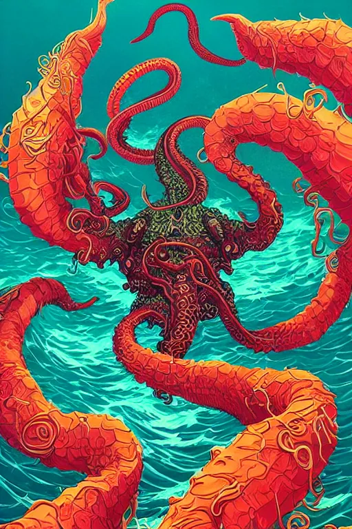 Prompt: a Cthulhu rising from the ocean crushing ships with tentacles, Tristan Eaton, victo ngai, artgerm, RHADS, ross draws