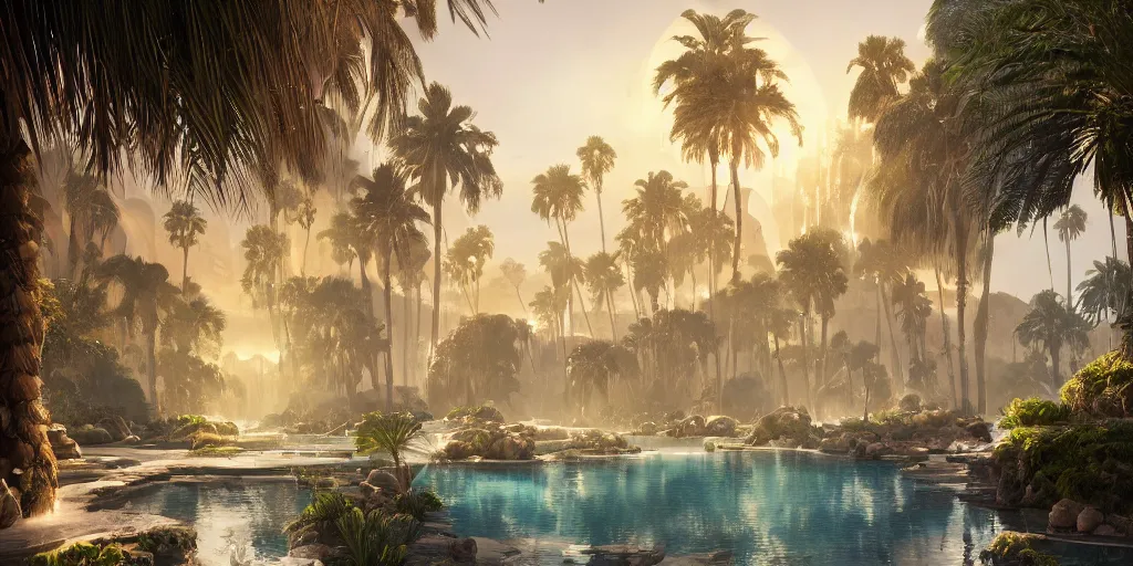 Image similar to beautiful oasis waterfalls surrounded by palm trees moroccan tile archways, date trees, ivory towers sunset peter morbacher ross tran angelarium greg rutkowski alchemy luxury heavenly light soft illumination, trending on artstation cinematic lighting digital painting octane render, artgerm