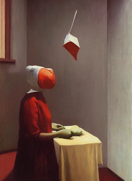 Prompt: woman with a paper bag over the head and a sward at retaurant Edward Hopper and James Gilleard, Zdzislaw Beksinski, Steven Outram highly detailed