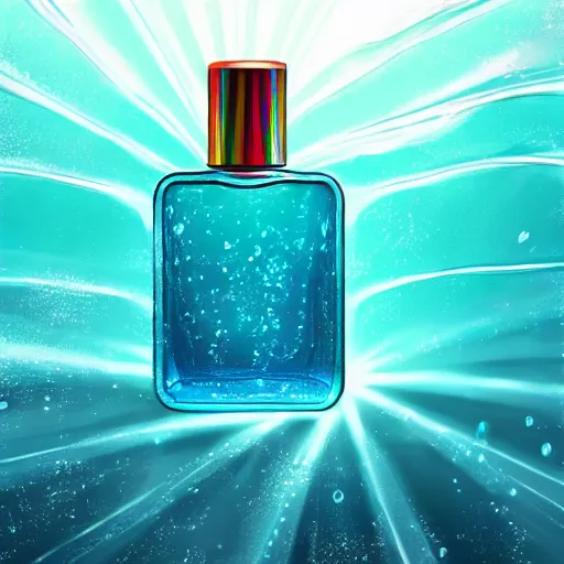 Image similar to blue perfume bottle surrounded by turquoise water droplet and waves, lonely world still shining through faintly rainbow led lights, beautiful surreal scenery artwork pixiv. soul dust. unthinkable dream sublime god lighting, sun rays, cold colors. insanely detailed, artstation!! pixiv!! infinitely detailed created by god