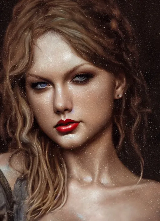 Prompt: a photorealistic dramatic hyperrealistic portrait render of taylor swift, ultra realistic details, well worn, rust, oil stains by wlop, greg rutkowski, alphonse mucha vitaly bulgarov and mike nash, beautiful dramatic dark moody tones and lighting, cinematic atmosphere, studio lighting, global illumination, shadows, dark background, concept design art octane render, 8 k