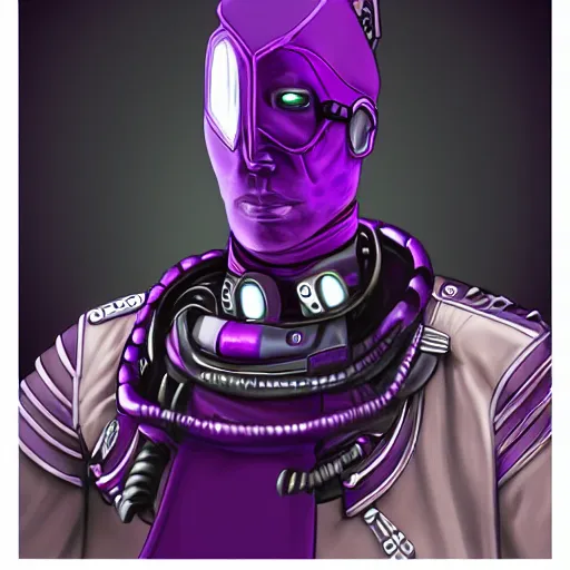 Image similar to a portrait photo of a futuristic sci - fi pirate, purple themed, robot pirate