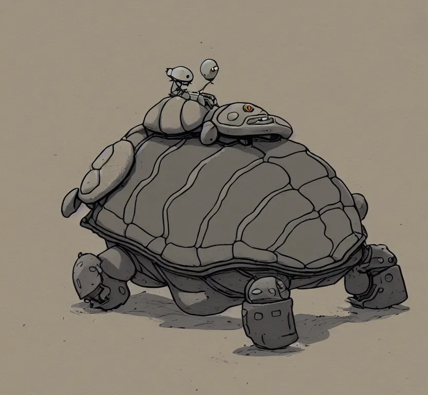 Prompt: a study of cell shaded cartoon of a grey mechanized tortoise from howl's moving castle ( 2 0 0 4 ) on a desert road, full body, wide shot, very muted colors, post grunge, studio ghibli, laurie greasley, highly detailed, deviantart, art by artgem