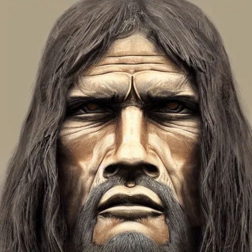 Prompt: portrait close up of a man with a very square and large jaw, his face lines are harsh, he has no beard but long black hair, he looks like a cave man bronze, soft lighting, rough lines