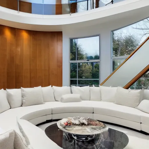 Prompt: A modern style living room with floor to ceiling glass windows on the left and curved wooden stairs going upstairs on the right, two white sofas with a white marble table in the center, stairs to the second floor, 8k resolution, professional interior design photograph, wide angle photograph