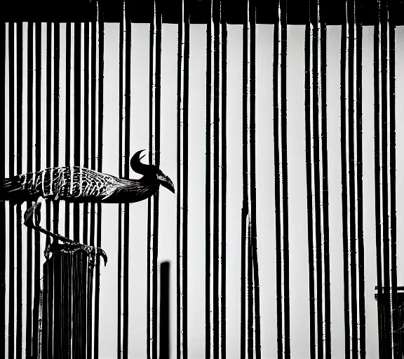 Prompt: Joachim Brohm photo of 'secretarybird perched behind jail bars', high contrast, high exposure photo, monochrome, DLSR, grainy, close up