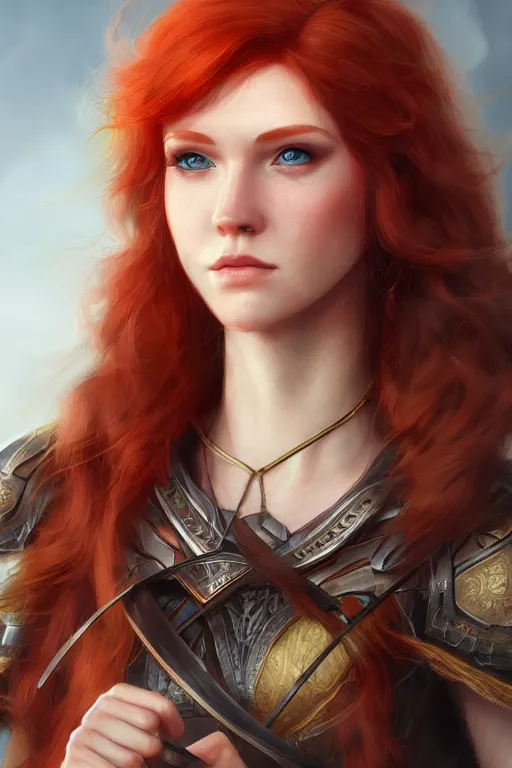 Image similar to Protrait of a Beautiful redhead archer, high fantasy, detailed face, artstationhd, trending on artstation