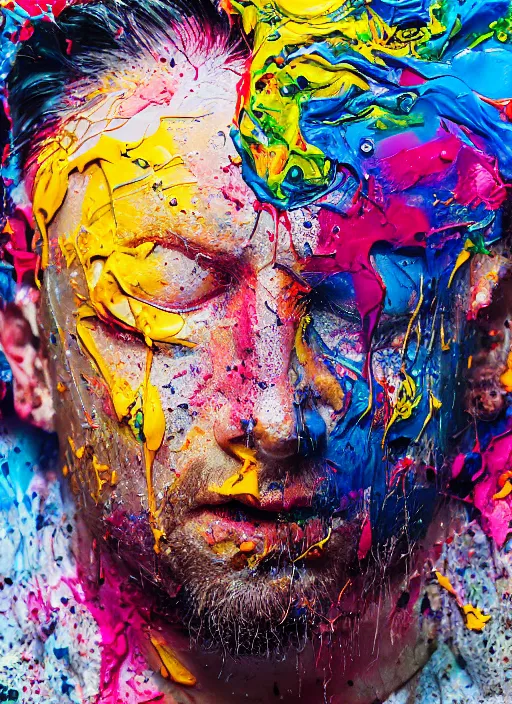 Image similar to abstract expressionist mid shot portrait of a man made of very thick impasto paint and acrylic pour and coloured powder explosion and splashing paint and dripping paint and flying paint chunks, eyes closed or not visible, expressing strong emotions, art by antony micallef, motion blur, hyperrealistic, intricate art photography, anatomically correct, realistic crisp textures, 1 6 k