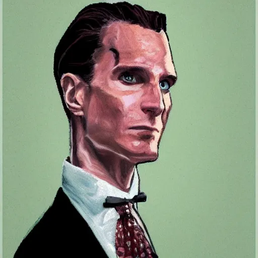 Image similar to portrait of Patrick Bateman from American Psycho, in the style of the Hudson River School