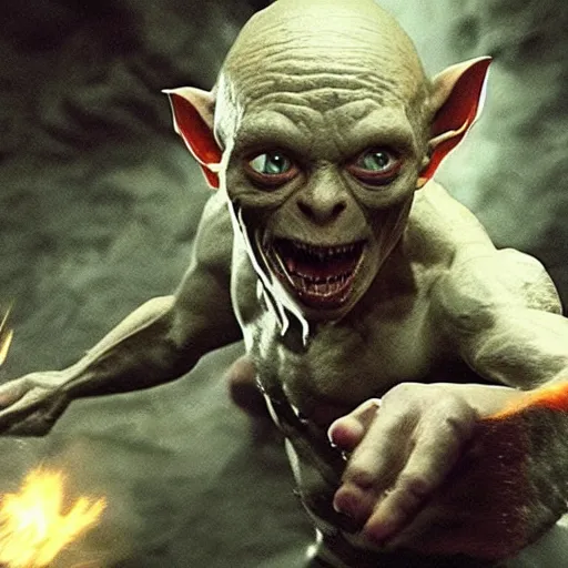 Prompt: Gollum fights volandemort , action , in motion , wizard , magic