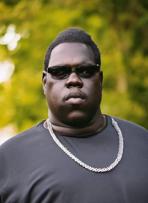 Prompt: DSLR photo portrait still of 50 year old age 50 Notorious BIG at age 50!!!, 85mm f1.8