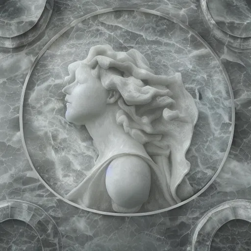 Image similar to “a delicate renaissance marble sculpture covered with water veil, highly detailed transparent marble cloth, gi, global illumination, physically based rendering, photorealistic, top light, dark background ”