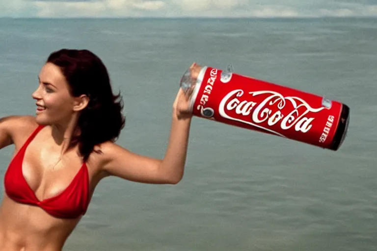Image similar to Movie scene Coca-Cola ad Ellie Mae holding a Coca-Cola in bikini on the beach by Emmanuel Lubezki