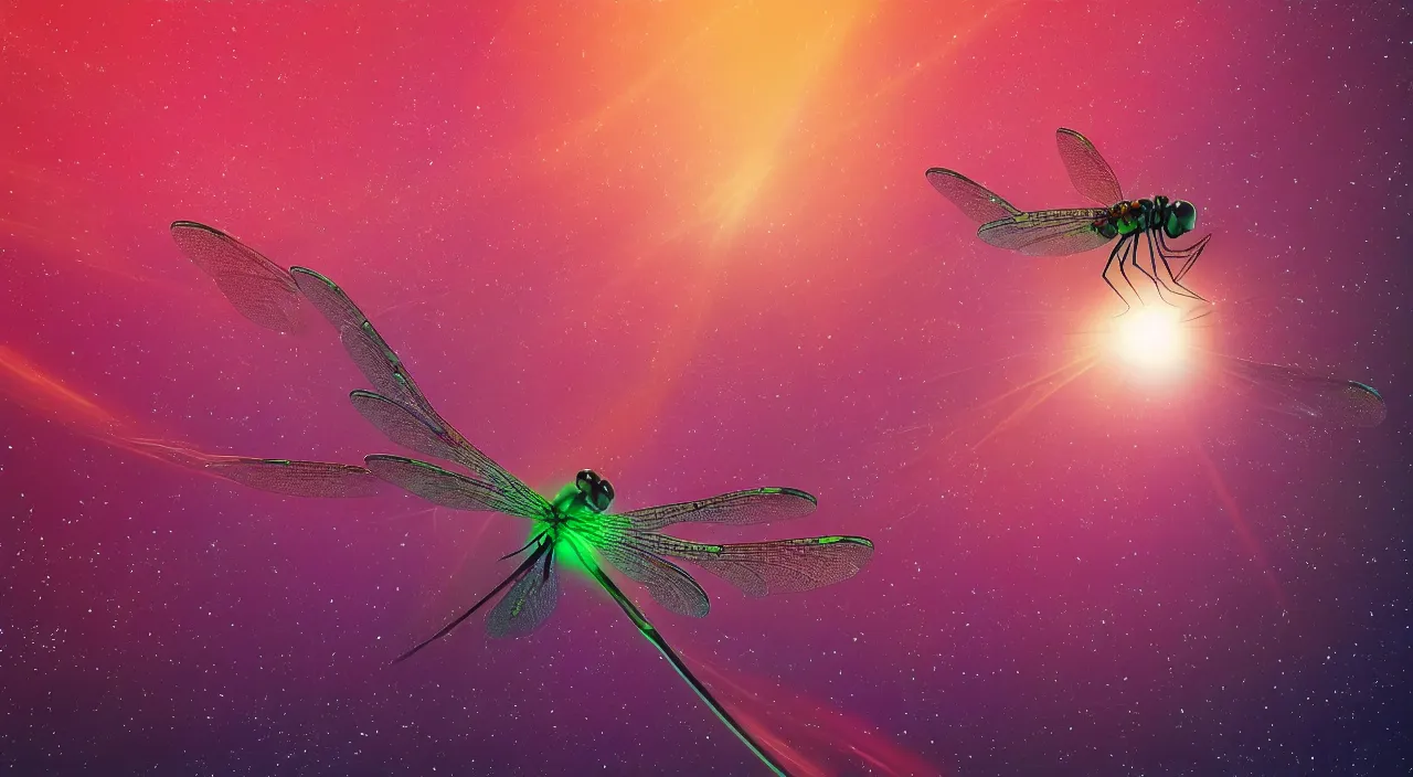 Image similar to a render a dragonfly flying through an astroid field, 8 k resolution, 4 k resolution, unreal engine render, octane render, alex grey, beeple, bang sangho, tomokazu matsuyama, unreal engine, high resolution render, featured on artstation, octane, 8 k, highly intricate details, vivid colors, vector illustration