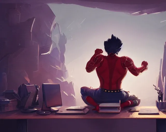 Image similar to an insanely detailed painting of a nerdy asian man wearing a superhero costume, sitting at a desk, staring at the nervously at the computer and typing, in the style of peter mohrbacher, dramatic lighting and composition, octane render, pixar, trending on artstation, concept art, comic book, view from behind