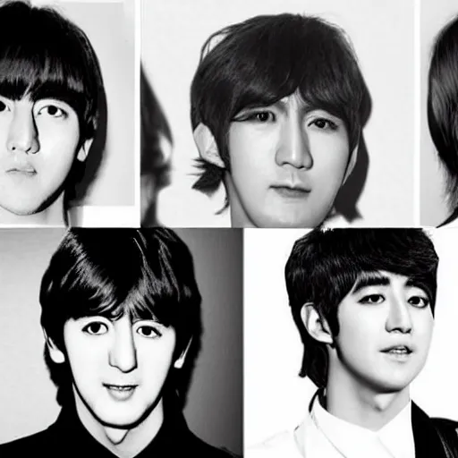 Image similar to The Beatles as Kpop idols. K-Pop idol John Lennon. K-Pop idol Paul McCartney. K-Pop idol George Harrison. K-Pop idol Ringo Starr.