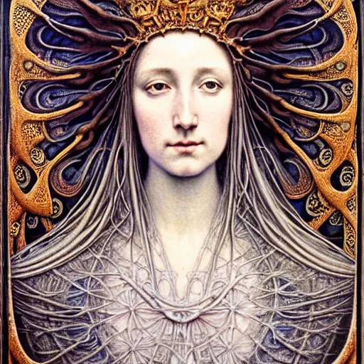 Image similar to detailed realistic beautiful young medieval queen face portrait by jean delville, gustave dore, iris van herpen and marco mazzoni, art forms of nature by ernst haeckel, art nouveau, symbolist, visionary, gothic, pre - raphaelite, fractal lace, surreality