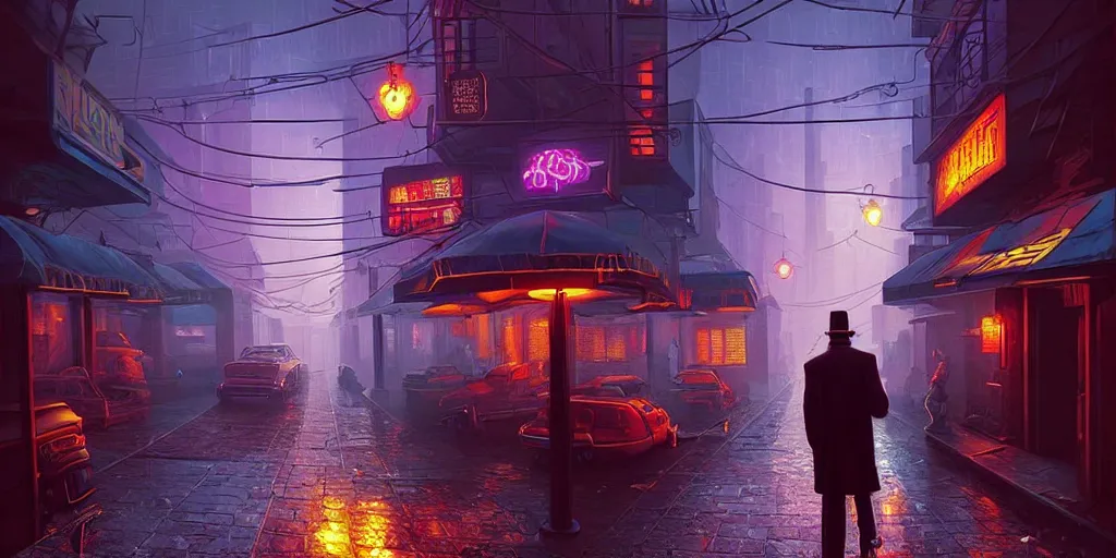 Image similar to A mafia boss in a cyberpunk setting, by Evgeny Lushpin, dramatic lighting, high contrast colours, as trending on Artstation, highly detailed,