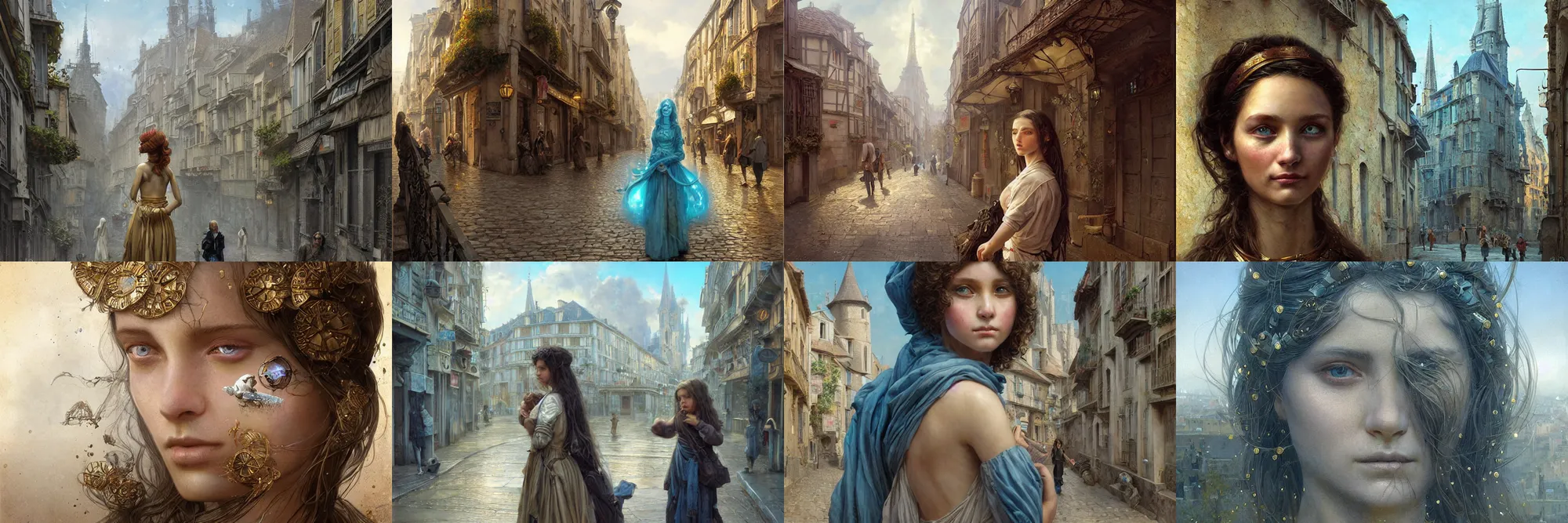 Prompt: A solarpunk very highly detailed french girl with very highly detailed face on the street of a very highly detailed french romantic city digital rational painting art by Greg Rutkowski, sci-fi highly detailed, digital concept art, Dimensional cyan gold natural light, sharp focus, Golden Ratio illustration, realistic concept art by Eta Cru and James Gurney and Donato Giancola, Ghost in the Shell rendered in Octane Render, From the distance