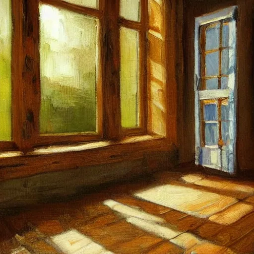 Image similar to oil painting of mostly empty cottage interior with one small window with sunlight shining on the floor. artistic. cozy. wooden floor. rustic