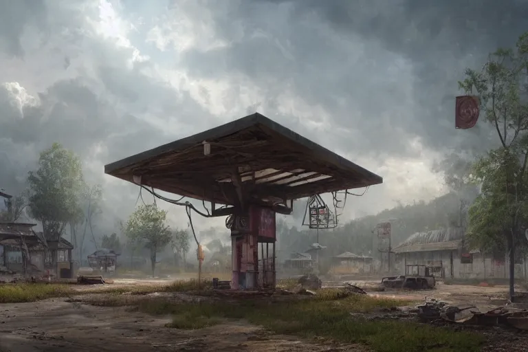 Prompt: highly detailed 4K fantasy matte painting of an abandoned gas station near the road in a kerala village, dystopian style detailed digital art by Greg Rutkowski and Thomas Kinkade, trending on Artstation
