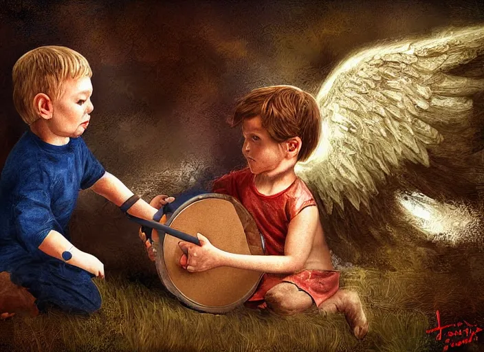 Prompt: angel rescuing little boy from a bad dream with marching drum, highly detailed, sharp focus, digital painting