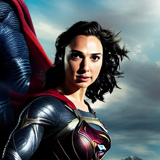 Image similar to an potrait of gal gadot play Man of Steel replacing Henry Cavill, view from below, photorealistic, high detail, photo studio, testing custom, 4k