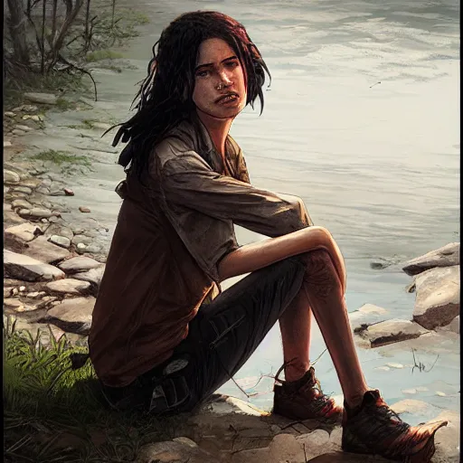 Prompt: clementine from the walking dead the last season sitting next to a river by greg rutkowski