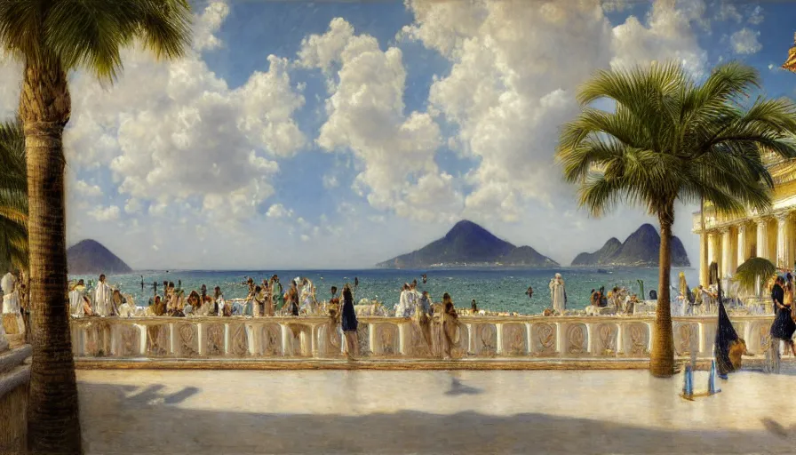 Image similar to a ultradetailed beautiful painting of the thunder sky of the rio de janeiro palace balustrade designed by jules bastien - lepage, tarsila do amaral, frank weston and gustave baumann, beach, trending on artstation, mediterranean, palm trees, sharp focus, giant greek columns, soft light, 8 k 4 k