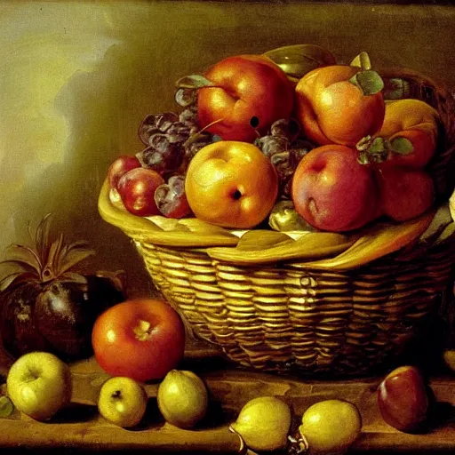 Image similar to a painting of a basket of fruit on a table, a still life by jan davidsz. de heem, deviantart, rococo, dutch golden age, rococo, oil on canvas