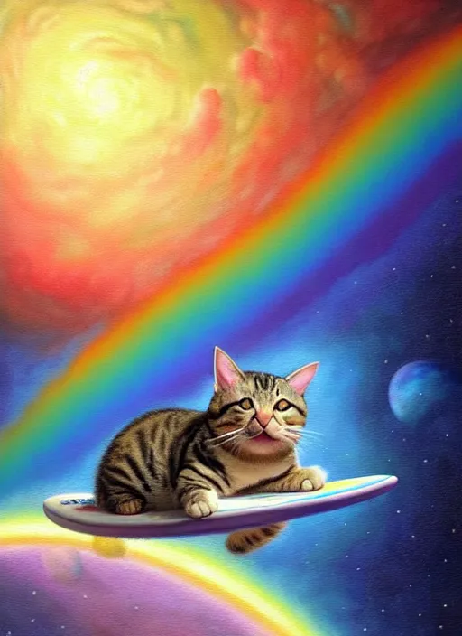 Image similar to a chubby tabby cat surfing on a rainbow in outer space, diffuse lighting, fantasy, intricate, surrealism!!!!, highly detailed, lifelike, photorealistic, digital painting, artstation, illustration, concept art, smooth, sharp focus, by greg rutkowski, chris tulloch mccabe, valentina remenar and asher duran,