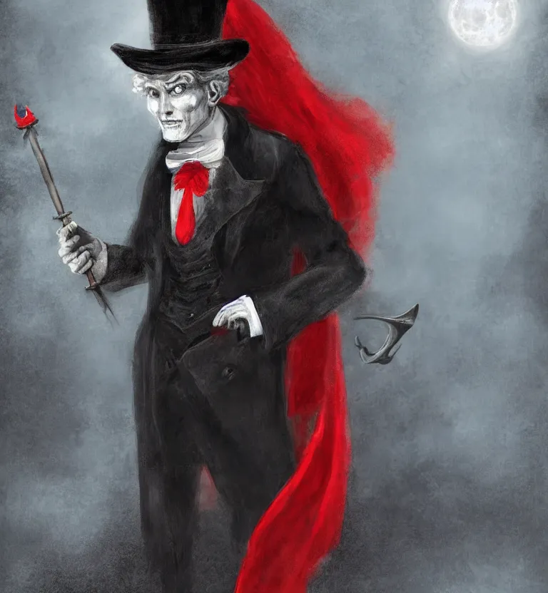 Image similar to a mysterious man in a cemetery on a full moon night wearing a top hat that hides!! his face and a beautiful black and red cape while holding a poseidon trident, digital art. digital painting, moonlight, detailed.